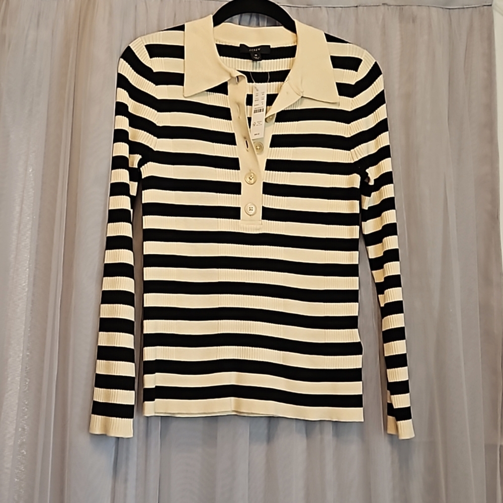 J. Crew Black and Cream Striped Ribbed Polo Sweater